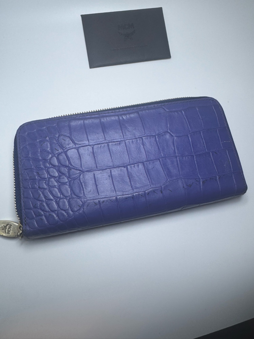 MCM Long Wallet Zip Blue Croc Leather Gold Hardware Continental Wallet Authentic - Picture 6 of 14